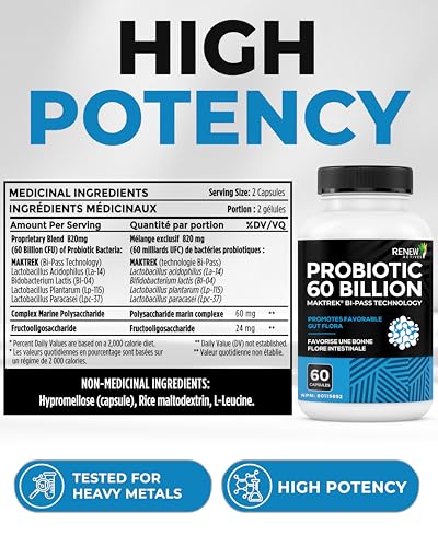 Renew Actives Probiotic Supplement for Digestive Health 60 Billion CFU per 2 Capsules - Advanced Formula with Prebiotic Benefits - Supports Gut Flora Balance & Wellness - Made in Canada - 60 Capsules Renew Actives uk supplements
