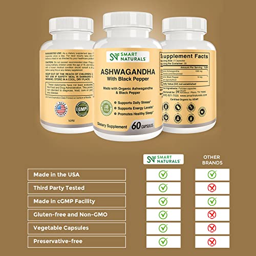 Smart Naturals Organic Ashwagandha with Black Pepper Herbal Supplements, Relieves Smart Naturals uk supplements