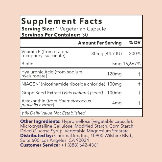 TRU NIAGEN BEAUTY NAD+ for Hair, Skin & Nails | Contains Niagen®, Astaxanthin, Hyaluronic Acid, Biotin | Supports Skin Elasticity & Moisture Retention | Daily Supplements for Men & Women | 30 Servings TRU NIAGEN uk supplements