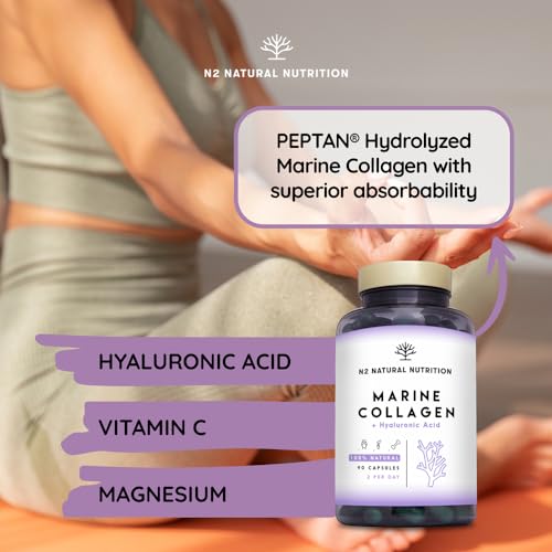 Marine Collagen with Hyaluronic Acid for Skin Care, Hair Care, Joints. Magnesium, Vitamin C. Hydrolysed Collagen Supplements N2 Natural Nutrition uk supplements