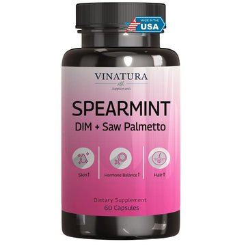 VINATURA Spearmint Leaf Capsules Supplement - Enhanced with DIM & Saw Palmetto, for Unwanted Hair, Women' Health & Skin *USA Made & Tested* - 1380mg/serving, 60 Capsules (30 Servings) VINATURA uk supplements