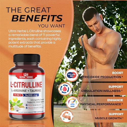 L-Citrulline 14,100 mg 11 in 1 with L-Arginine + Taurine, Ashwagandha, Creatine, Tongkat Ali ULTRA HERBS uk supplements