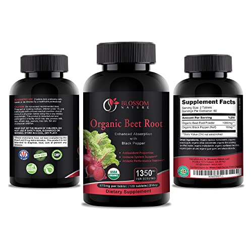 Organic Beet Root Powder 1350mg with Black Pepper-Nitric Oxide Booster, Digestive System Blossom Nature uk supplements
