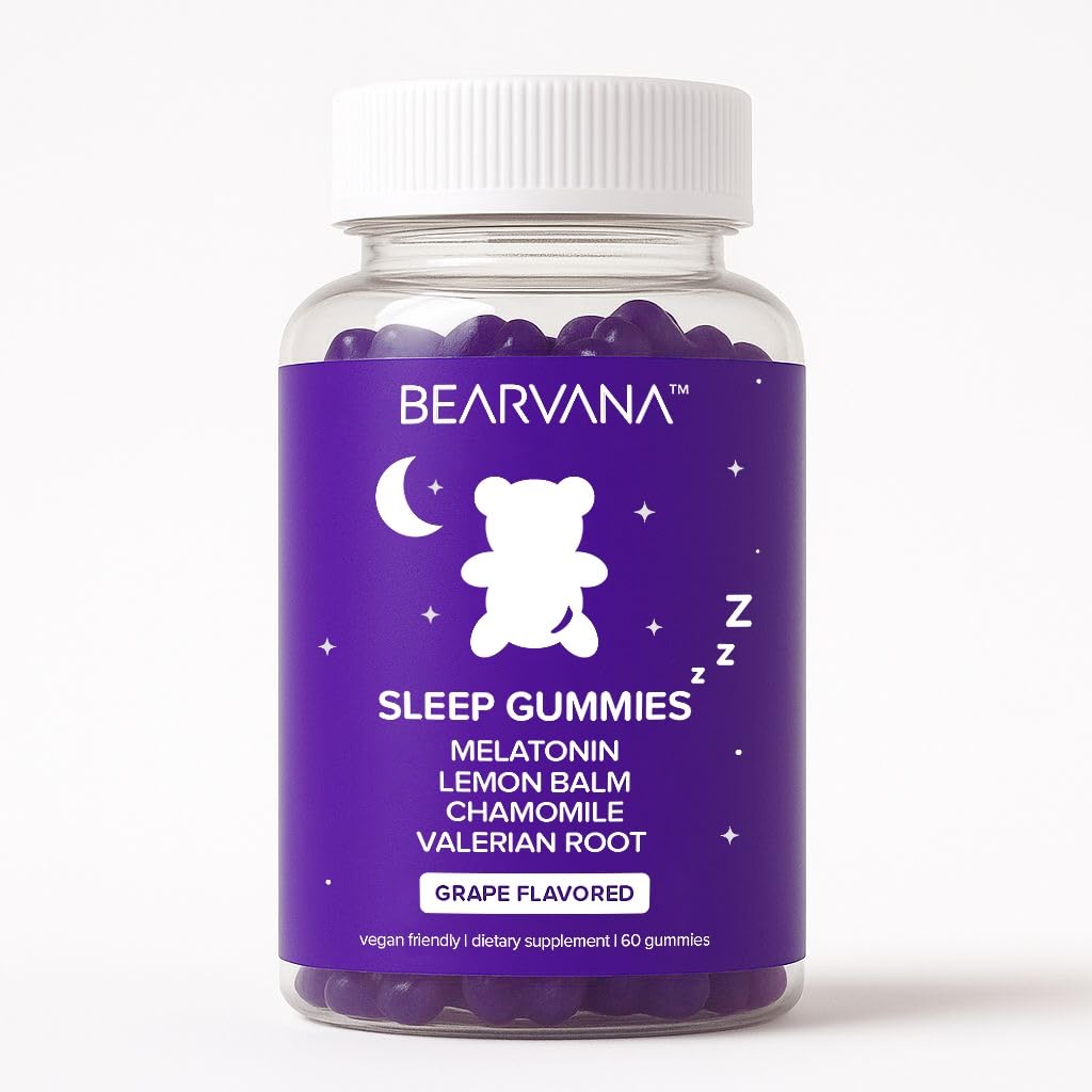 BEARVANA Sleep Gummies with Melatonin | Grape Flavored Vegan Sleep Supplement with Lemon Balm, Chamomile & Valerian Root | Night time Relaxation & Rest Support | 60 Gummies BEARVANA uk supplements