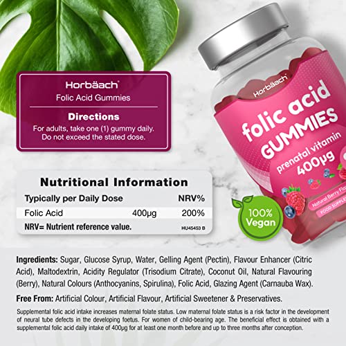 Folic Acid Gummies 400 mcg | 90 Count | Natural Berry Flavour | High Strength Prenatal Horbäach uk supplements
