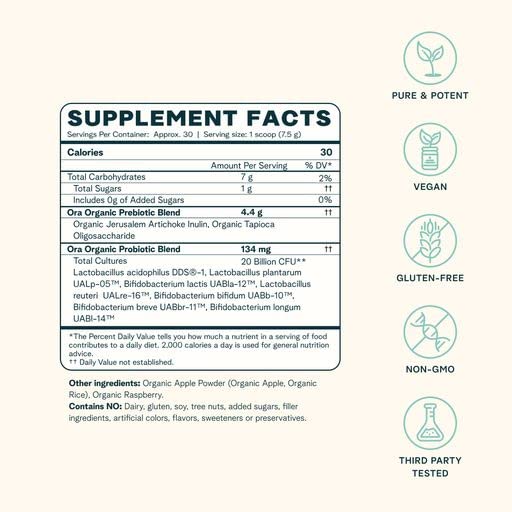 Ora Organic Prebiotic and Probiotic Powder Supplement - 20 Billion Probiotics, 7 Strains for Best Prebiotic Powder, Non-GMO, Probiotics for Women, Men & Kids - Apple Raspberry Flavor, 30 Servings… Ora Organic uk supplements