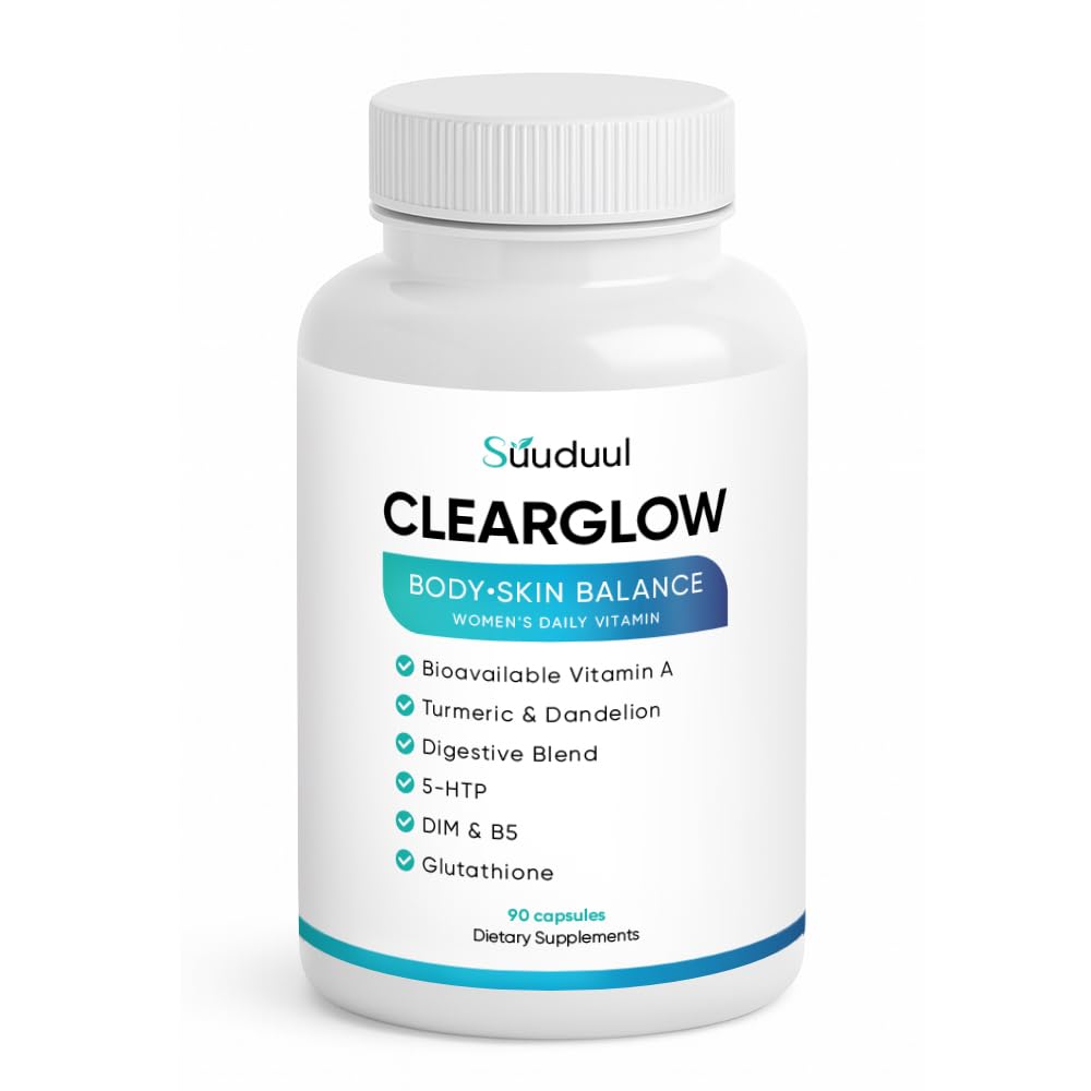 Clear Skin Supplement & Acne Supplement with Vitamin A, DIM, Milk Thistle – Hormonal Balance, Liver Detox & Antioxidant Support – Glutathione, Turmeric, Dandelion – Natural Skin Formula 90 Capsules SUUDUUL uk supplements