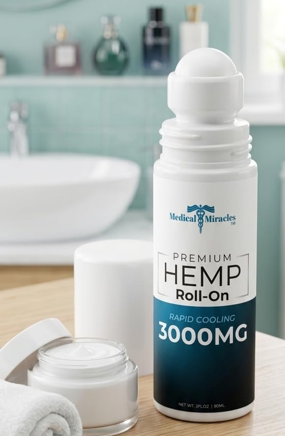Medical Miracles New Hemp Oil Roll On - Ideal for Muscles, Hips, Joints, Neck, Back, Elbows, Fingers, Hands, and Knees (3000mg Roll-On) Medical Miracles uk supplements