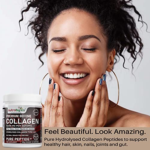 Pure Hydrolysed Collagen Powder 10000mg Bovine Type 1 & 3 Unflavoured|High Strength Protein Peptides for Women & Men NUTRABYTES uk supplements
