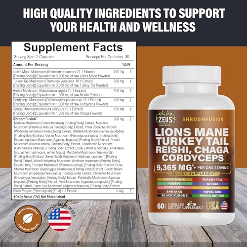 Zeus Naturals Lions Mane Capsules, Mushroom Supplement with Turkey Tail, Cordyceps Zeus Naturals uk supplements