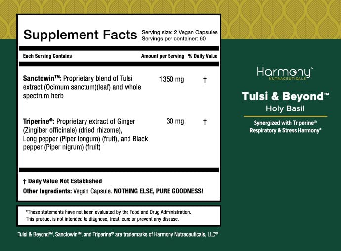 Tulsi - Holy Basil Supplement - Highest Potency, Maximum bio-availabilty, Made with Organic Herbs (Vegetarian Capsules, 120 Count) Harmony Nutraceuticals uk supplements