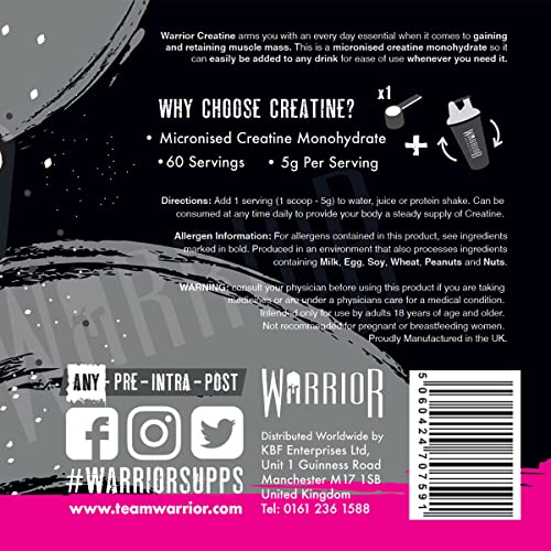 Warrior Creatine Monohydrate Powder – 300g – Micronised for Easy Mixing and Consumpti Warrior uk supplements