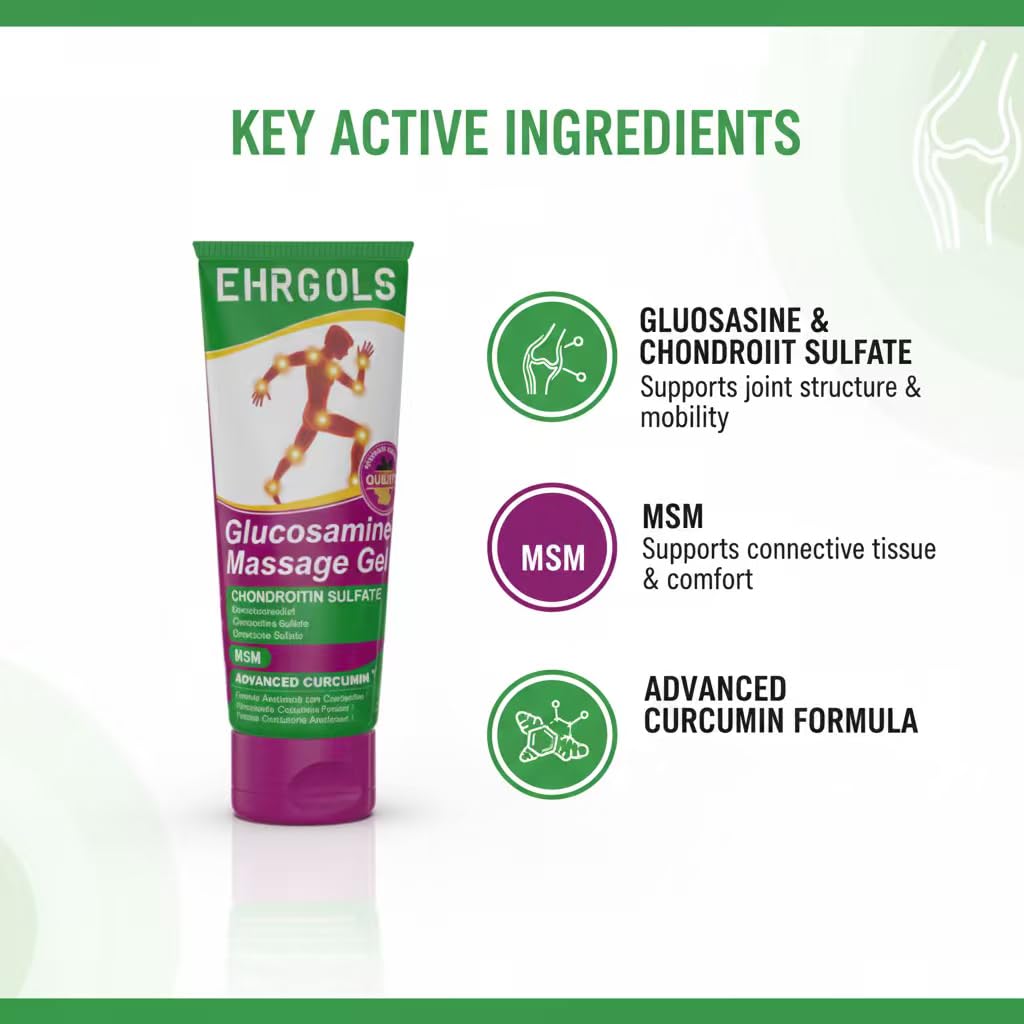 Ehrgols Advanced Joint Massage Gel with Glucosamine & Turmeric | Intensive Care Rub for Knees, Back, Shoulders & Hands | Non-Greasy | Deep Penetrating | 3.4 Fl Oz Ehrgols uk supplements