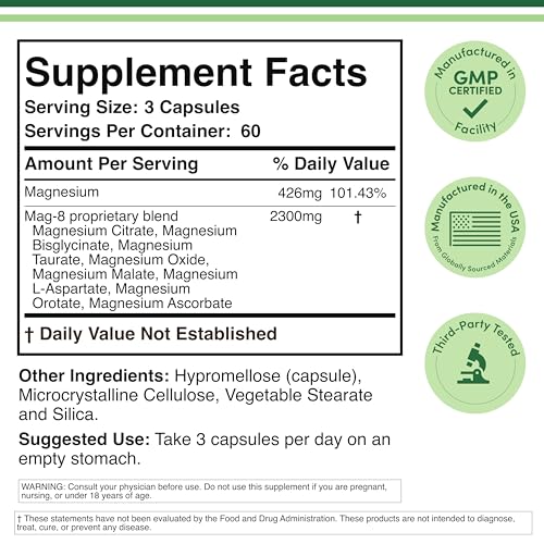 Magnesium Complex Supplement 180 Capsules (426mg Elemental Magnesium Provided by 2,300mg of Eight Different Forms of Magnesium) MAG-8 Provides 100% Daily Recommended Value of Magnesium by Double Wood Double Wood Supplements uk supplements