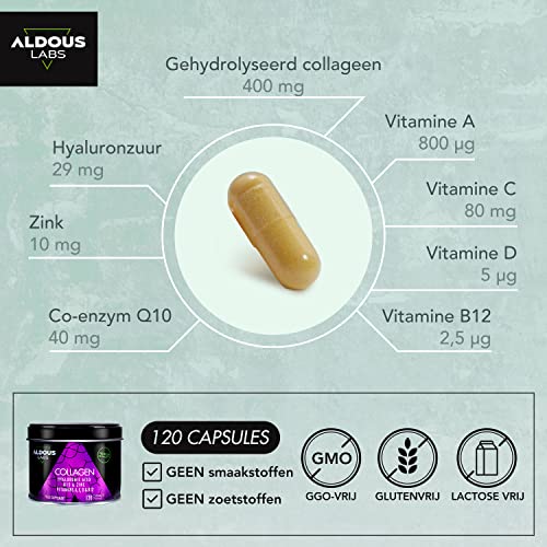 120 Capsules - Collagen with Hyaluronic Acid + Coenzyme Q10 + Vitamin C, A, D and B12 + Zinc Aldous Labs uk supplements