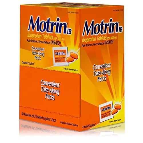 Motrin IB, Ibuprofen 200mg Tablets, NSAID Pain & Fever Reliever for Headache, Backache, Muscular Aches, Arthritis Pain Reliever, 50 Travel Packets of 2, 100 ct Motrin uk supplements