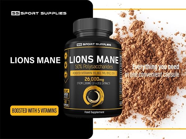 Lions Mane Supplement High Strength 26,000mg Plus 5 Vitamins SS Sport Supplies uk supplements