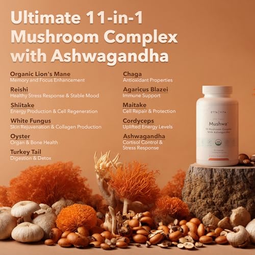 USDA Organic Lions Mane Supplement Capsules with Ashwagandha, Chaga, Reishi, Cordyceps Etta Vita uk supplements