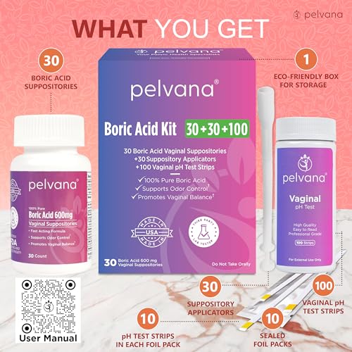 Pelvana Boric Acid Suppositories 30 + 30 Applicators + 100 pH Test Strips = 160 Piece Pelvana uk supplements