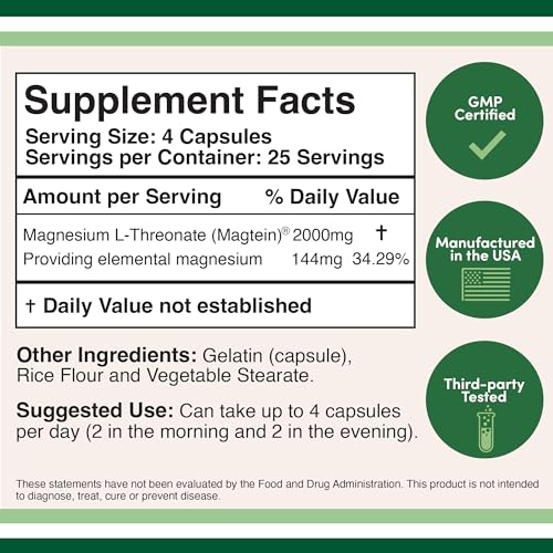Magnesium L Threonate Capsules (Magtein) – High Absorption Supplement – Bioavailable Double Wood Supplements uk supplements