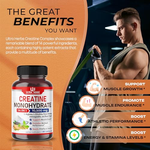 Ultra Creatine Pills Muscle Growth 9800mg Creatine Monohydrate Capsules w Ginseng ULTRA HERBS uk supplements
