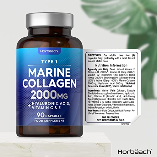 Marine Collagen Capsules | with Hyaluronic Acid, Vitamin C & E | 2000mg | High Strength Type 1 Collagen Horbäach uk supplements