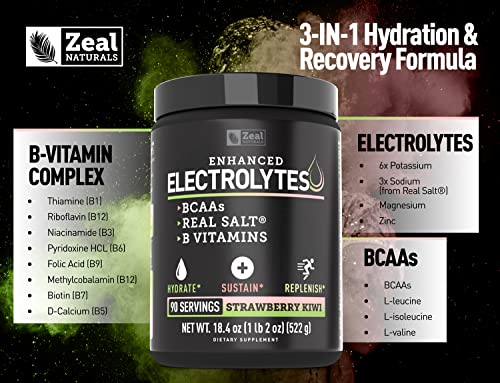 Enhanced Electrolyte Powder (Strawberry Kiwi | 90ct.) Sugar Free + BCAA, B-Vitamins Zeal Naturals uk supplements