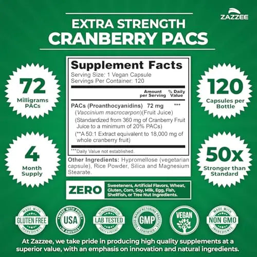 Zazzee Cranberry PACs, 72 mg PACs per Capsule, 2X Strength, 100% Soluble, 120 Vegan Capsules, 50:1 Extract, 18,200 mg Strength, Fast-Acting, Effective Urinary Tract Support, Made in The USA Zazzee uk supplements