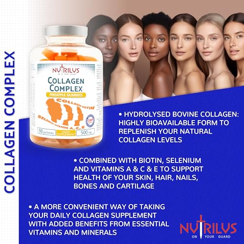 Collagen Complex 90 Natural Pineapple Gummies 500mg - Large Pack - with Biotin & Selenium Nutrilus uk supplements
