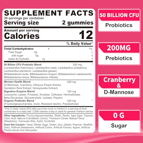 Probiotics for Women Gummies, Sugar Free Vaginal Probiotics 50 Billion CFU 10 Strains w/ Cranberry NEVISS uk supplements