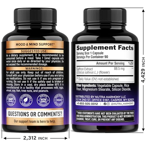 Natural Saffron Supplements - Pure Saffron Extract 88.5 mg - Made in USA - Mood | Focus | Vision | Energy Support - Eye Health for Women & Men - NonGMO Vegan Pills - 90 Powder Capsules, 3 Month Supply NUTRAHARMONY uk supplements