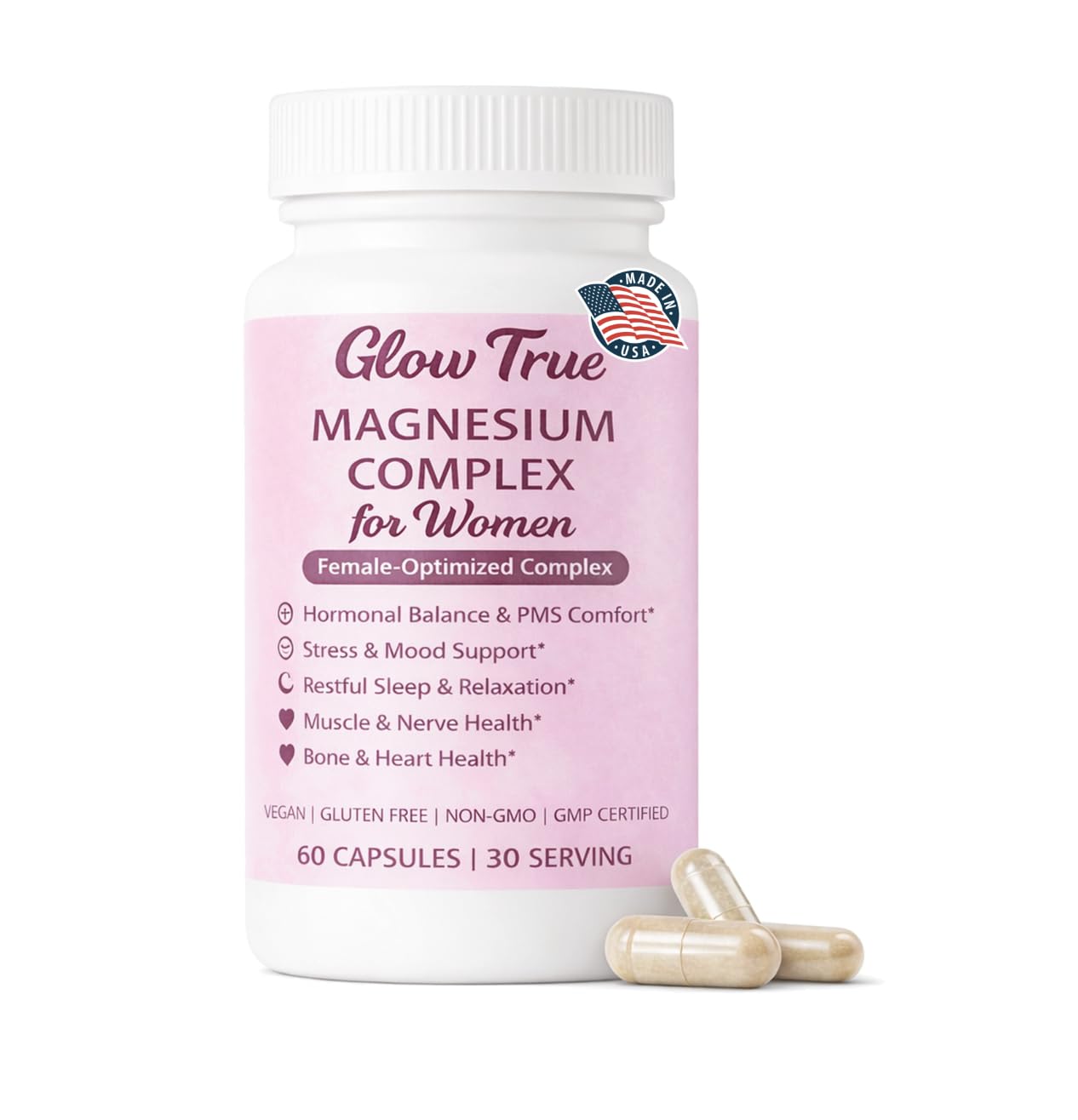 Magnesium Complex for Women – Spectrum 5-Form Magnesium Complex (500 mg), High Absorption Glycinate, Citrate, Oxide & Malate – Vegan, Non-GMO Supports Sleep, Energy, Hormone & Bone – 60 Capsules GlowTrue uk supplements