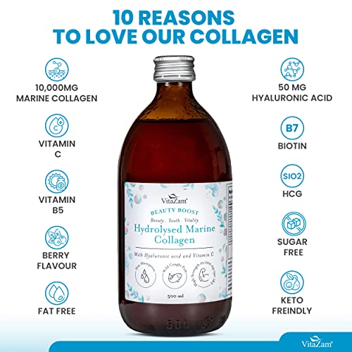 VitaZam Marine Collagen Liquid 10000mg with Hyaluronic Acid, Hydrolysed Peptide, Biotin for Hair, Skin, Nails, Joint, and Muscles, 500 ml VitaZam uk supplements