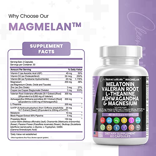 Melatonin 10mg Valerian Root 6000mg L Theanine 200mg Ashwagandha Clean Nutraceuticals uk supplements