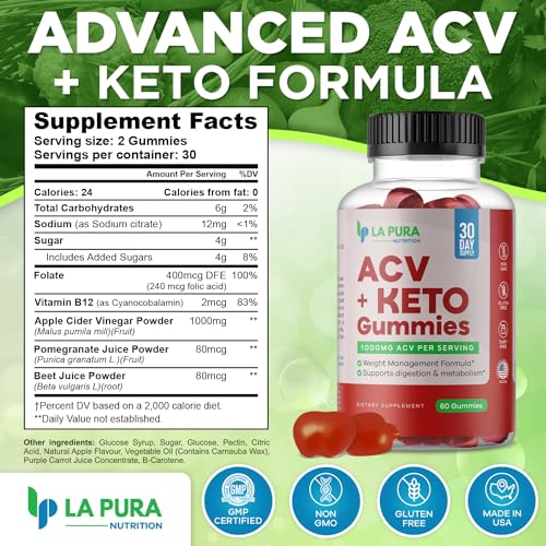 LaPura ACV 1000 mg + Keto Gummies for Weight Loss, 60 Gummies - 1000 mg Apple Cider LaPura uk supplements