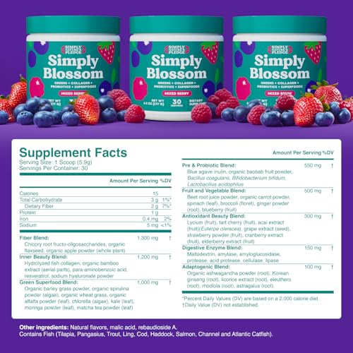 Simply Blossom Nutrition - Daily Greens & Superfood Powder + Collagen + Probiotics for Women's Digestive Health & Bloating Relief. Help Your Health Bloom - 2 Month Supply Simply Nature's Pledge uk supplements