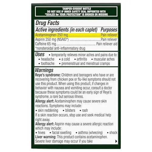 Excedrin Extra Strength Caplets for Headache Pain Relief, Acetaminophen 250mg, Aspirin 250mg, Caffeine 65mg, Pain Reliever, 24 count Excedrin uk supplements
