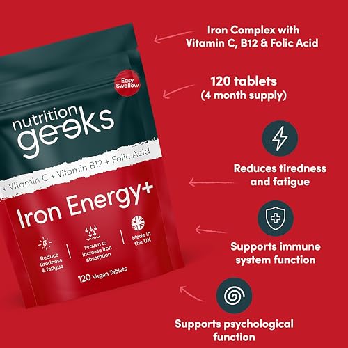Iron Tablets High Strength Tablets with Vitamin C, B12 & Folic Acid - 120 Vegan Supplement Nutrition Geeks uk supplements