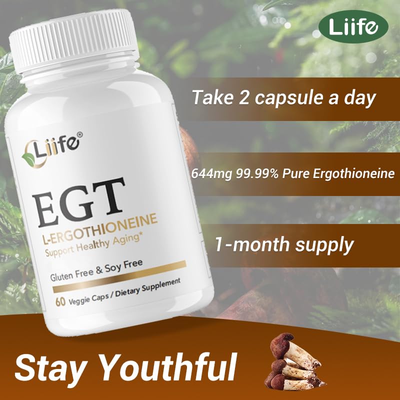 LIIFE L-Ergothioneine Supplement (EGT) 30mg,Compound Antioxidant Supplement (May Support Longevity and Healthy Aging) Promotes Skin Health，60 Capsules，Non-GMO, Gluten Free, Vegan Safe LIIFE uk supplements