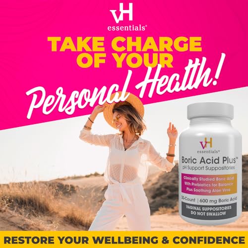 vH essentials Boric Acid Plus Vaginal Suppositories, Prebiotic Infused with Soothing Aloe Vera, pH vH essentials uk supplements