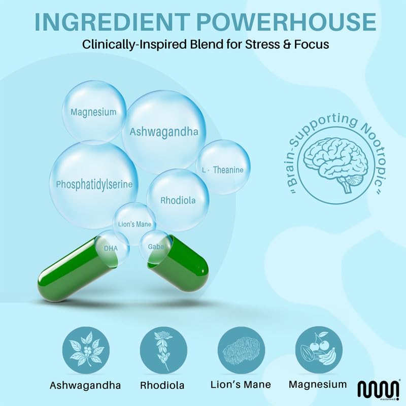 mastermedi Cortisol Supplements for Women and Men Support with Magnesium, Ashwagandha, Lion’s Mane & GABA – Adaptogenic Stress Relief & Mood Support – Non-GMO, No Fillers, Gluten-Free mastermedi uk supplements
