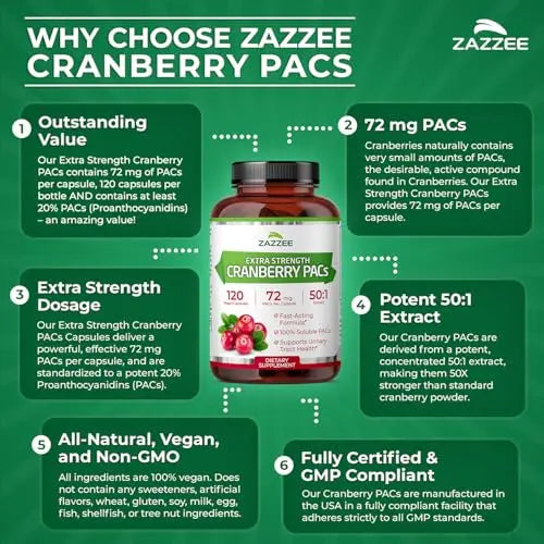 Zazzee Cranberry PACs, 72 mg PACs per Capsule, 2X Strength, 100% Soluble, 120 Vegan Capsules, 50:1 Extract, 18,200 mg Strength, Fast-Acting, Effective Urinary Tract Support, Made in The USA Zazzee uk supplements
