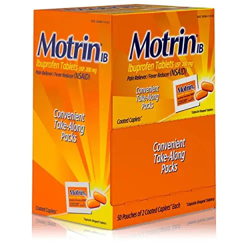 Motrin IB, Ibuprofen 200mg Tablets, NSAID Pain & Fever Reliever for Headache, Backache, Muscular Aches, Arthritis Pain Reliever, 50 Travel Packets of 2, 100 ct Motrin uk supplements