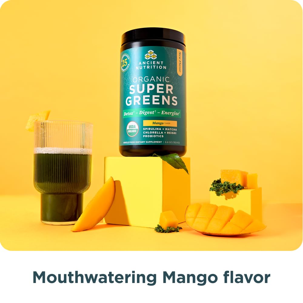 Ancient Nutrition Organic Supergreens Powder, Mango, 25 Servings + Multi Collagen Protein Powder, Vanilla, 60 Servings Ancient Nutrition uk supplements