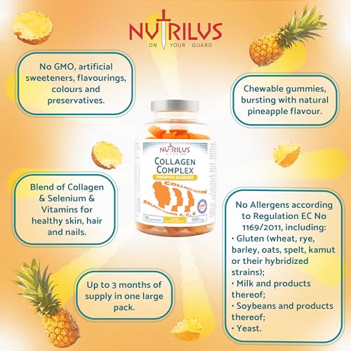 Collagen Complex 90 Natural Pineapple Gummies 500mg - Large Pack - with Biotin & Selenium Nutrilus uk supplements