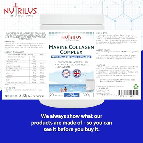 Hydrolysed Marine Collagen Powder 300g with Hyaluronic Acid and Vitamins - 29 Servings Nutrilus uk supplements