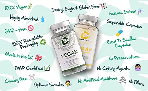 Vegan Collagen Supplement - 1400mg, Spirulina, L-Lysine, L-Proline, Acerola Cherries , Vitamin C & B12, Zinc, Hyaluronic Acid, UK Made D Direct Vitality uk supplements