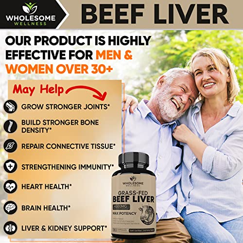 Grass Fed Desiccated Beef Liver Capsules (180 Pills, 750mg Each) - Natural Iron, Vitamin A Wholesome Wellness uk supplements