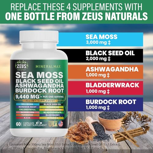 Sea Moss Capsules with Black Seed Oil, Burdock Root, Bladderwrack, Turmeric, Ashwagan Zeus Naturals uk supplements
