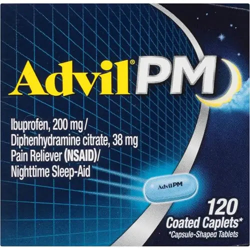 Advil PM Pain Reliever and Nighttime Sleep Aid, Ibuprofen for Pain Relief and Diphenhydramine Citrate for a Sleep Aid - 120 Coated Caplets and Pain Reliever and Fever Reducer, 10 Count Tablets Advil uk supplements